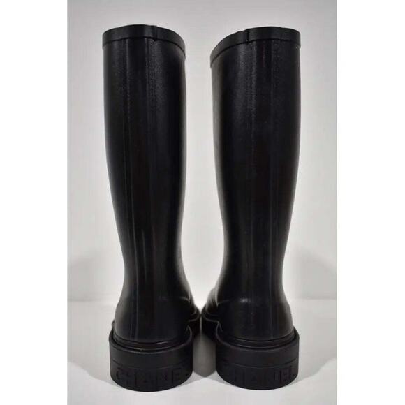 Chanel 22A Black White Caoutchouc CC Logo High Pull On Rubber Rain Boots 42 - Picture 11 of 12